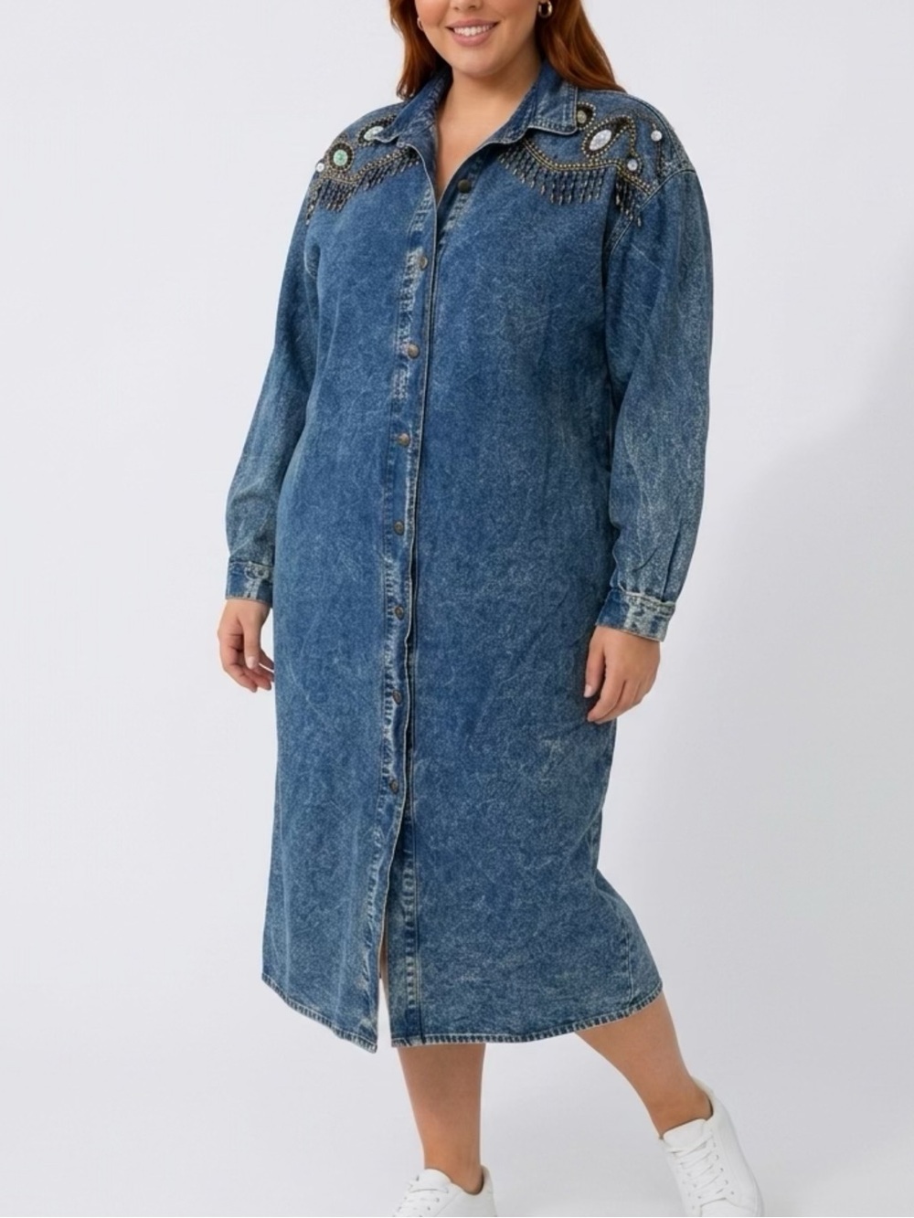 Vtg 80s Pret Stonewash Denim Dress L Rhinestone Beaded Fringe Western Cowgirl